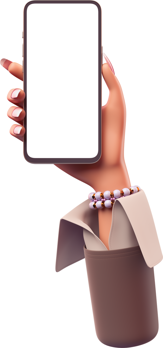 3D woman right hand in brown suit with pearl bracelet holding mobile phone with blank screen. Phone mockup